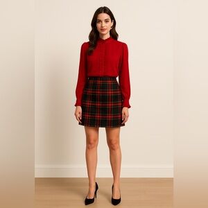 ‎Red long sleeve top with ruffle details neck